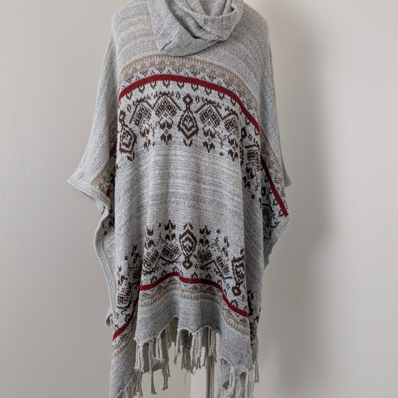 Fringe Knit Poncho Cape Hoodie Hooded Button Down open Front Abstract - Picture 7 of 11